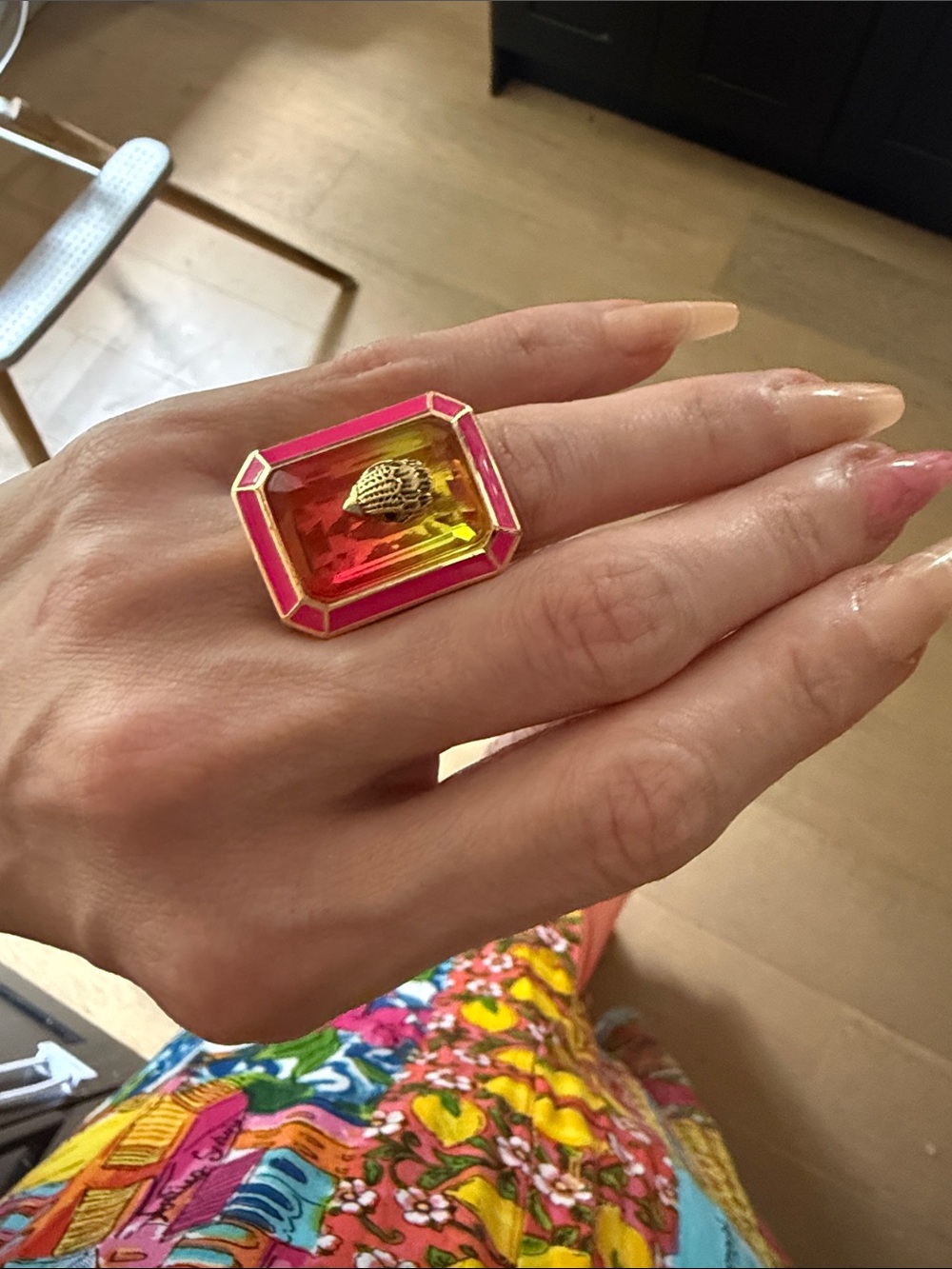 Statement Pink and Yellow Resin Cocktail Ring with Gold Accent